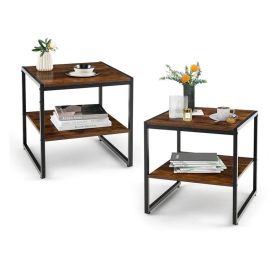 Simple Industrial 2-Tier Side Table Set 2 Pieces with Open Shelf