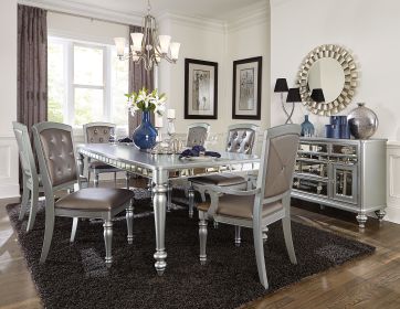 Glamorous Silver Finish Dining Set 7pc Dining Table 2x Armchairs 4x Side Chairs Crystal Button Tufted Upholstered Modern Style Furniture