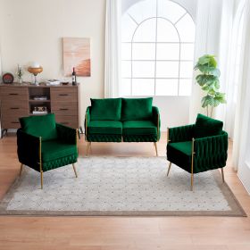 Comfy Handmade Bucket Woven Fluffy Tufted Upholstered Sofa Set Living Room, 2 Accent Chair and 1 Two Seater Sofa , Green Velvet