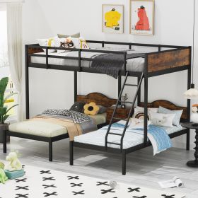 Full Over Twin & Twin Bunk Bed Metal Triple Bed With Nightstand and Guardrails. Black & Brown, 96.9'' L x 76'' W x 69'' H