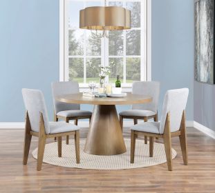 Delphine 5 Piece Round Oak Finish 52" Dining Table Set with Gray Chairs