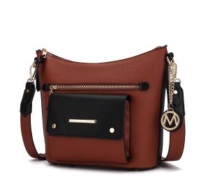 Serenity Color Block Vegan Leather Women Crossbody Bag (Color: Cognac-Black, Material: Vegan Leather)