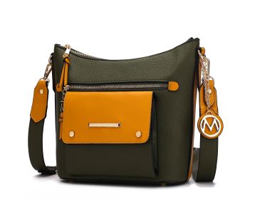 Serenity Color Block Vegan Leather Women Crossbody Bag (Color: Olive-Mustard, Material: Vegan Leather)