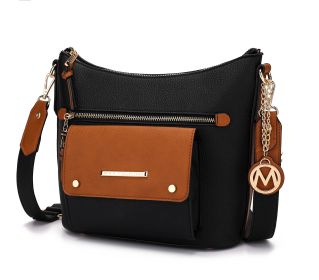 Serenity Color Block Vegan Leather Women Crossbody Bag (Color: Black-Cognac, Material: Vegan Leather)