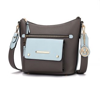 Serenity Color Block Vegan Leather Women Crossbody Bag (Color: Charcoal-Light Blue, Material: Vegan Leather)