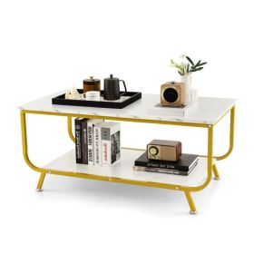 Rectangular Coffee Table with Metal Frame for Living Room (Color: Gold & White, Type: Coffee Tables)