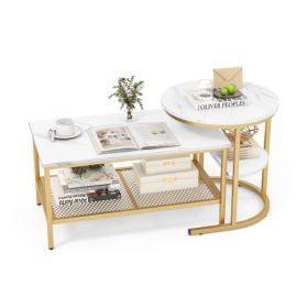 Nesting Coffee Table with Extra Storage Shelf for Living Room (Color: Gold & White, Type: Coffee Tables)